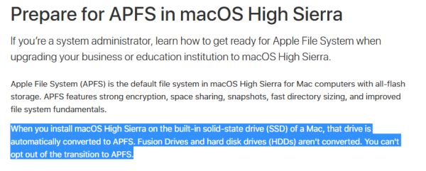 macOS High Sierra 的APFS档案系统不支持融合硬盘 
