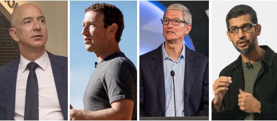 左起:Amazon執行長Jeff Bezos(圖片來源/Wikimedia)、臉書執行長Mark Zuckerberg(圖片來源/臉書)、蘋果執行長Tim Cook(Photo by Austin Community College on https://www.flickr.com/photos/accdistrict/35992738453/,CC BY 2.0)、Alphabet/Google執行長Sundar Pichai(圖片來源/Google)