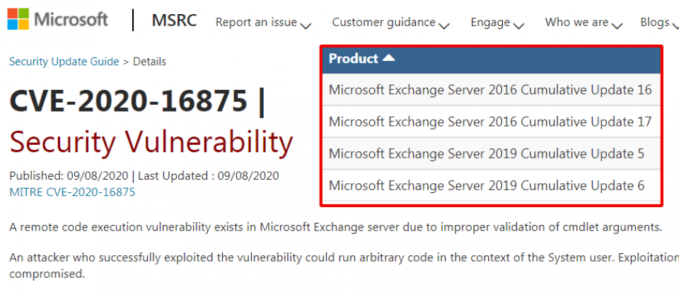 遭ZDI點名的CVE-2020-16875漏洞,藏匿在Microsoft Exchange伺服器上,源自於它沒能正確驗證cmdlet參數。駭客只要傳送一個特製的郵件就能開採該漏洞,成功的開採將允許駭客以系統權限自遠端執行任意程式。由於之前類似的CVE-2020-0688漏洞很快就成為駭客的攻擊目標,在有了前車之鑑之後,ZDI建議企業應優先修補CVE-2020-16875。