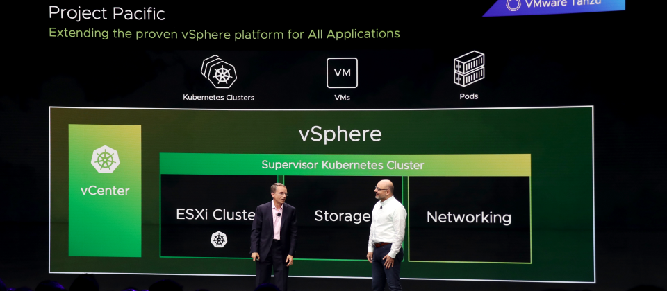 VMware於年度大會宣布,代號Project Pacific的新版vSphere除了會內建K8s,還會整合vSphere和K8s兩大平臺。(攝影/王宏仁)