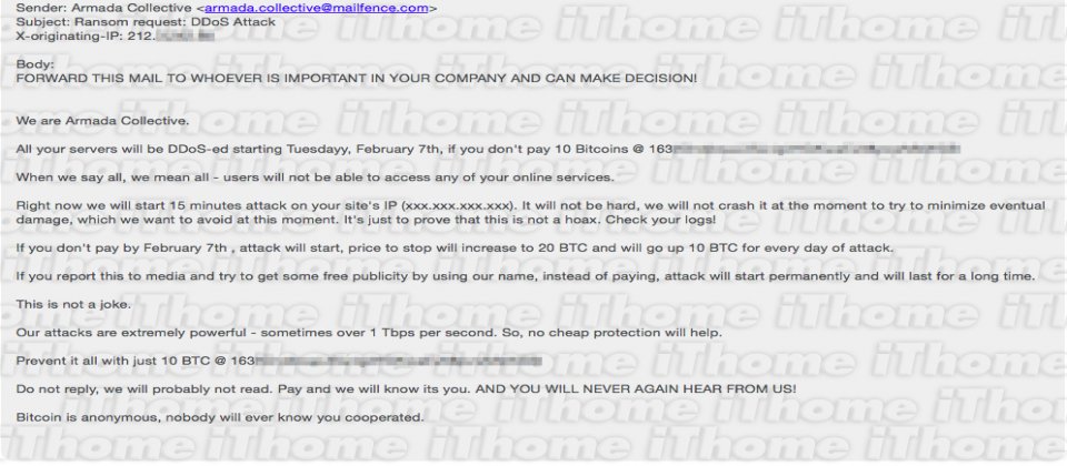 這是冒名Armada Collective的駭客組織針對澳洲某銀行發動DDoS攻擊的勒索信件內容,經查證,信件內容與針對臺灣證券業寄送的勒索信件內容一模一樣,除了比特幣錢包網址不一樣之外。