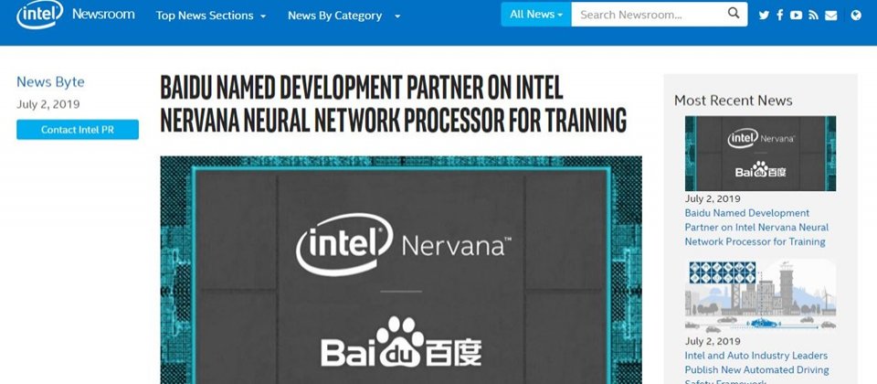 英特爾與百度聯手開發加速AI模型訓練的類神經處理器NNP-T,具24個計算叢集,搭載32GB HBM2和SPRAM記憶體,與同類型處理器相比,其AI訓練的效能高上10倍;與英特爾先前推出的NNP-L 1000處理器相比,效能更提高了3到4倍。