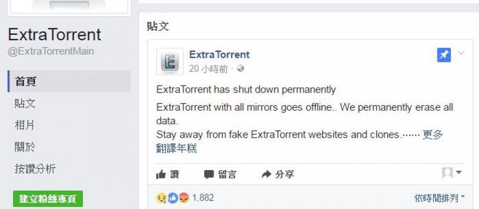 ExtraTorrent在臉書上宣佈將永久關站。