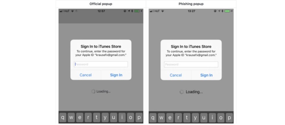 不肖的開發人員只要模仿蘋果要求輸入Apple ID資訊的介面(右),以假亂真騙取使用者的帳密。