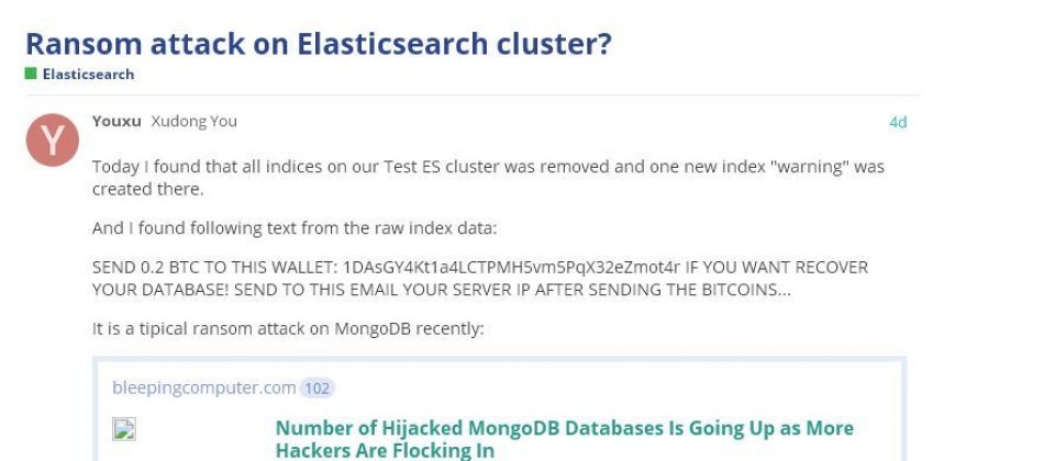 有用戶於論壇上反映其ElasticSearch叢集遭到移除,並出現勒索畫面。
